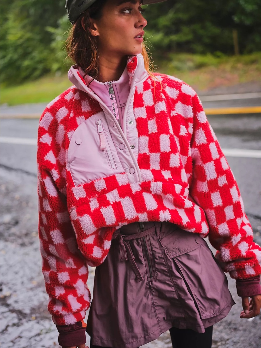 Free People Movement Pullover XS Red Hit the Slopes Checkered Deep Pile Fleece